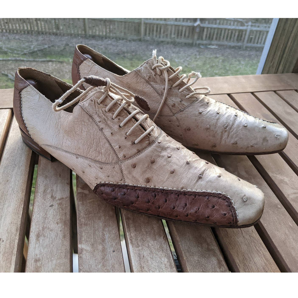 MEZLAN PLATINUM Tan Genuine Ostrich Skin Exotic Dress Oxford Sz 10.5  Made Spain
